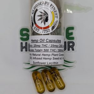 Glooscaps Finest-Hemp Oil Capsules (25mg-THC + 25mg-CBD Per Capsule)